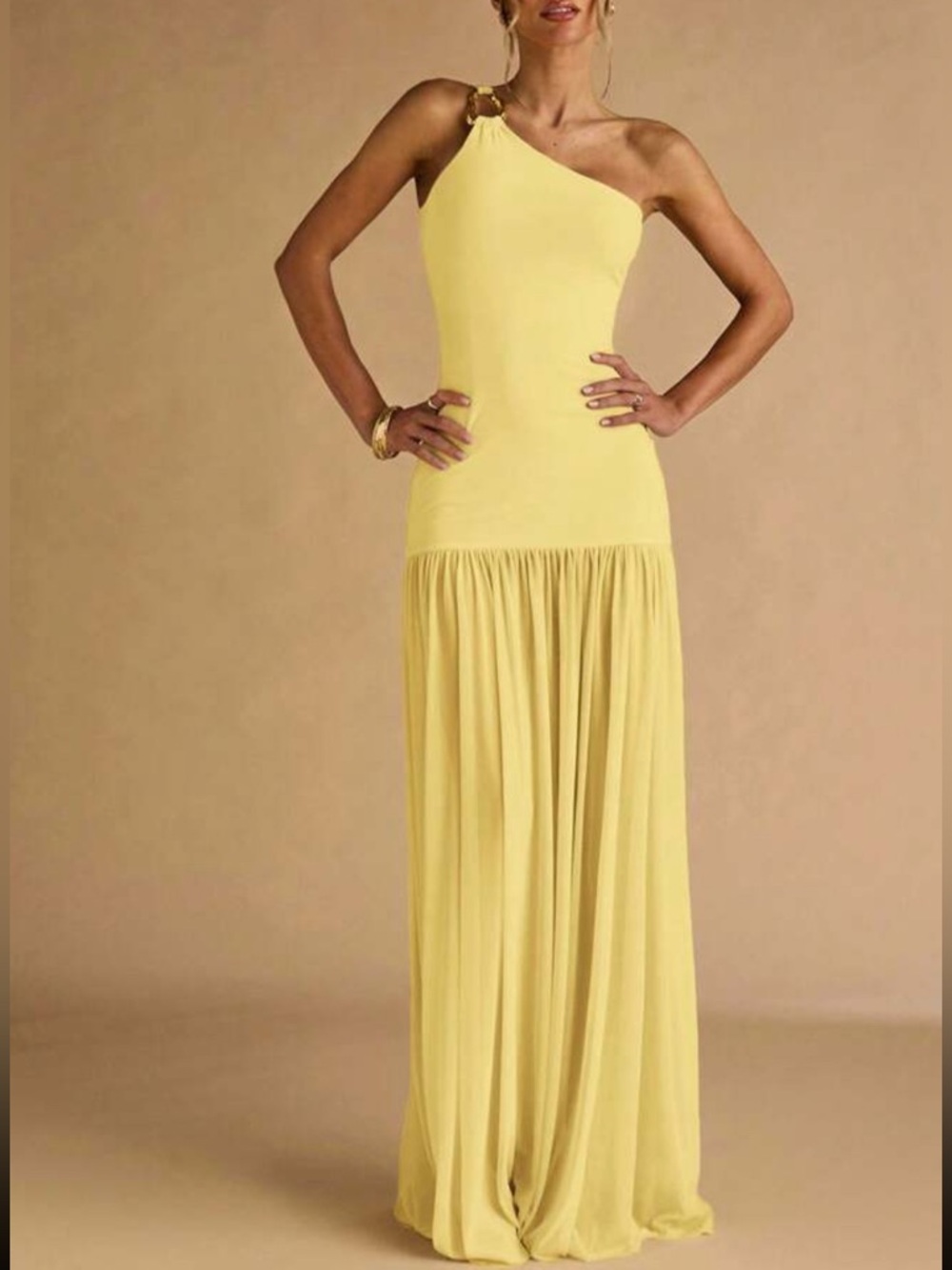 One Shoulder Lemon Yellow Maxi Dress - Picture 5 of 7